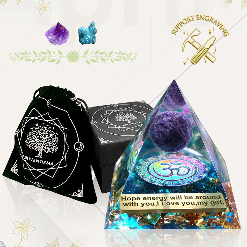 Piramide di Orgone OM in Quarzo Blu Olivenorma con Sfera di Ametista