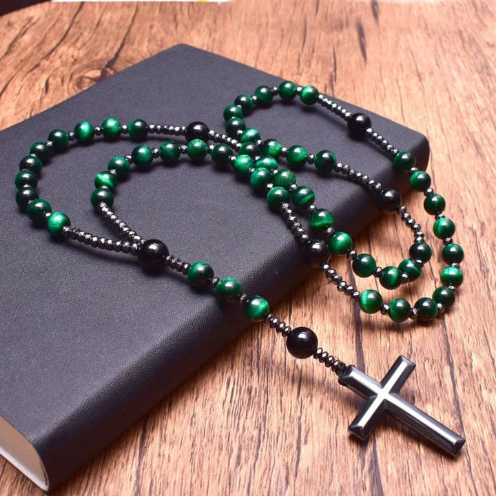 Collana rosario da uomo con croce in lapislazzuli e occhio di tigre Olivenorma