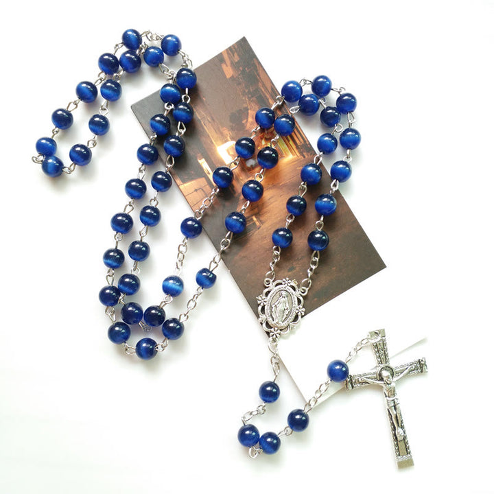 Collana rosario Olivenorma con croce in pietra blu occhio di gatto da 8 mm 
