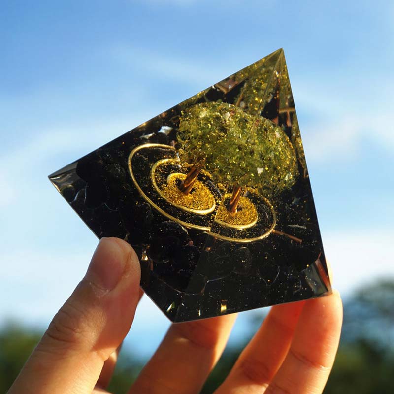 Olivenorma Peridoto con Ossidiana Albero della Vita Reiki Orgone Piramide 