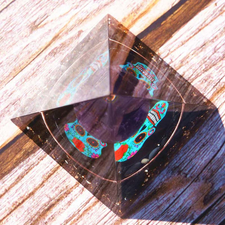Olivenorma Ametista e Ossidiana Teschio Simbolo Piramide Orgonica 