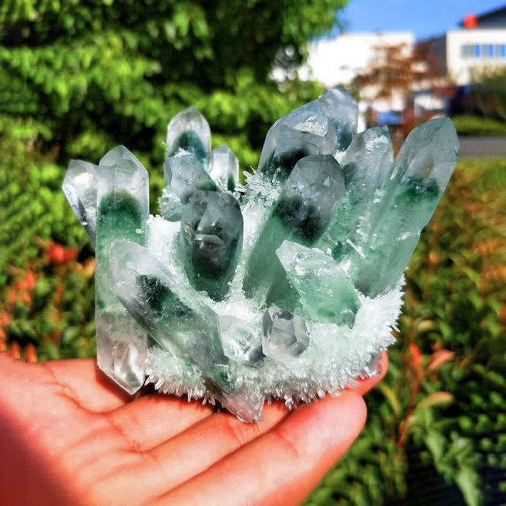 Olivenorma Bellissima decorazione in pietra preziosa di quarzo fantasma verde curativo