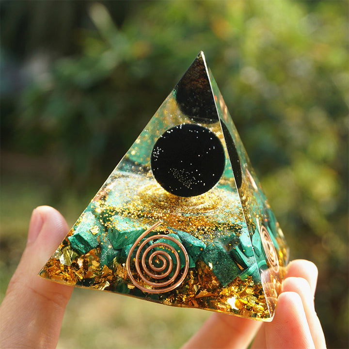 Malachite Olivenorma con sfera di ossidiana Piramide Orgonica