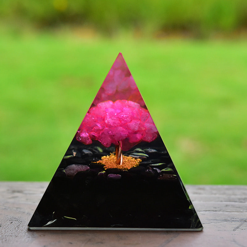 Piramide di orgone curativa in ossidiana Olivenorma con cristallo rosa