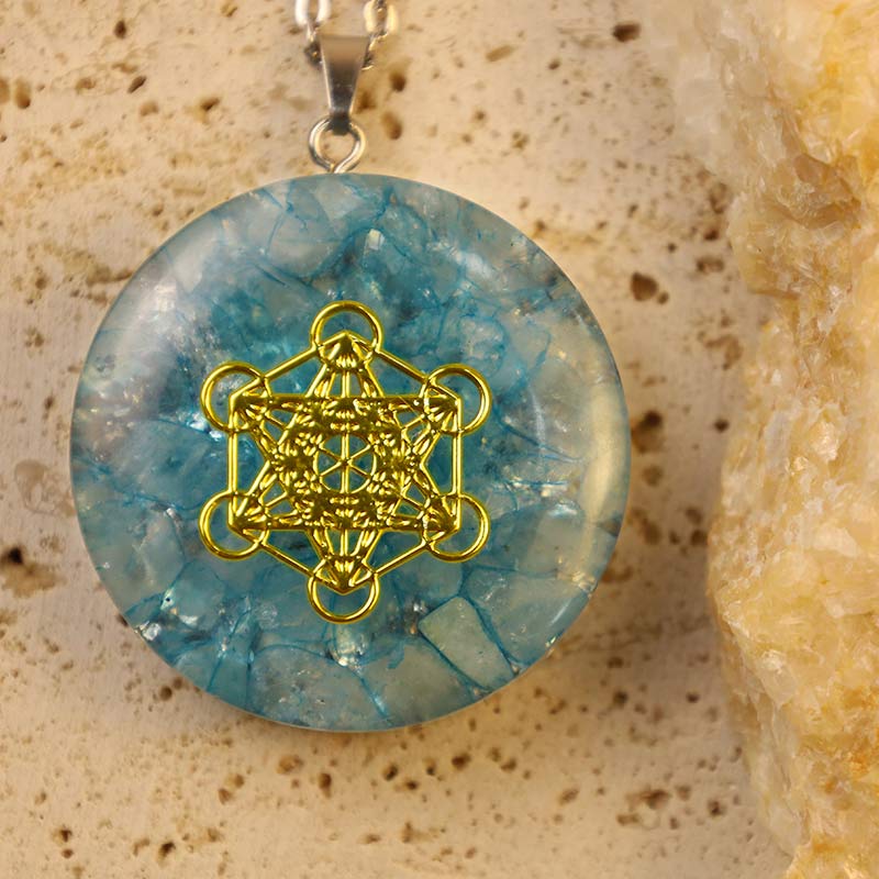 Collana energetica del cubo di Metatron in acquamarina