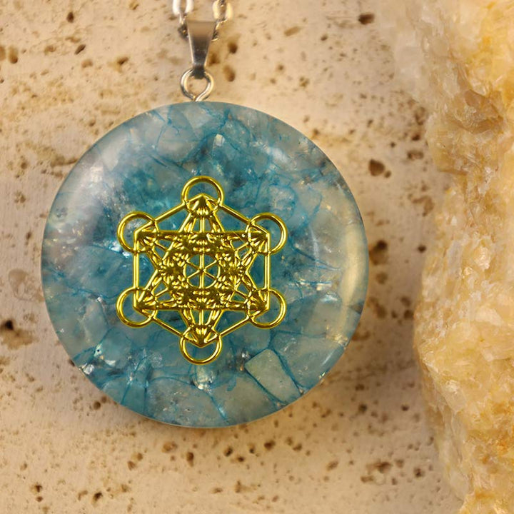 Collana energetica del cubo di Metatron in acquamarina