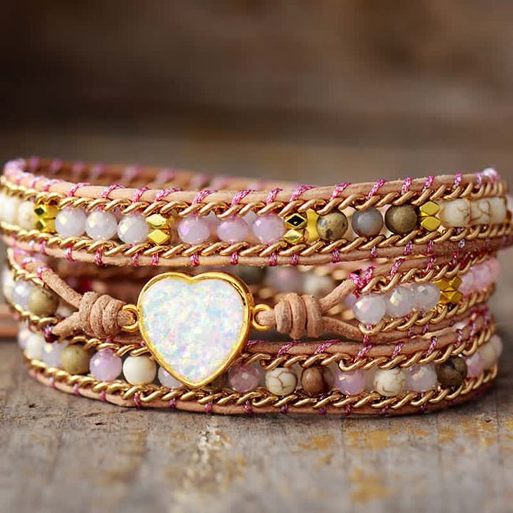 Bracciale avvolgente con perline a forma di cuore in quarzo rosa e opale Olivenorma