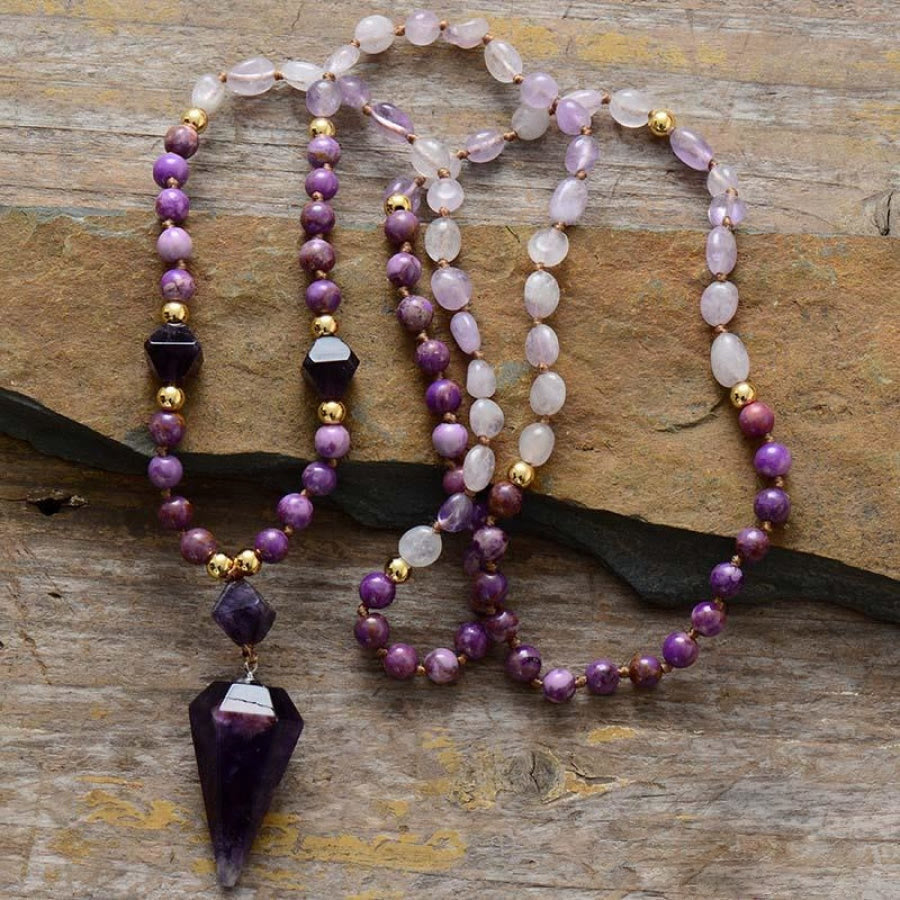 Collana Mala con perline di giada viola e ametista naturale Olivenorma