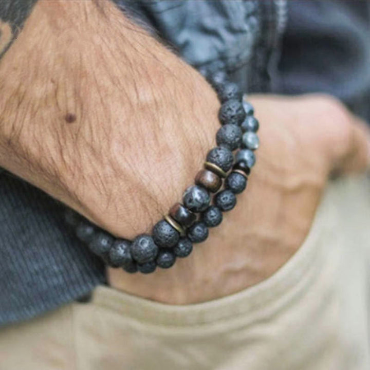 Olivenorma Bracciale da uomo in pietra naturale con perline di legno da 8 mm