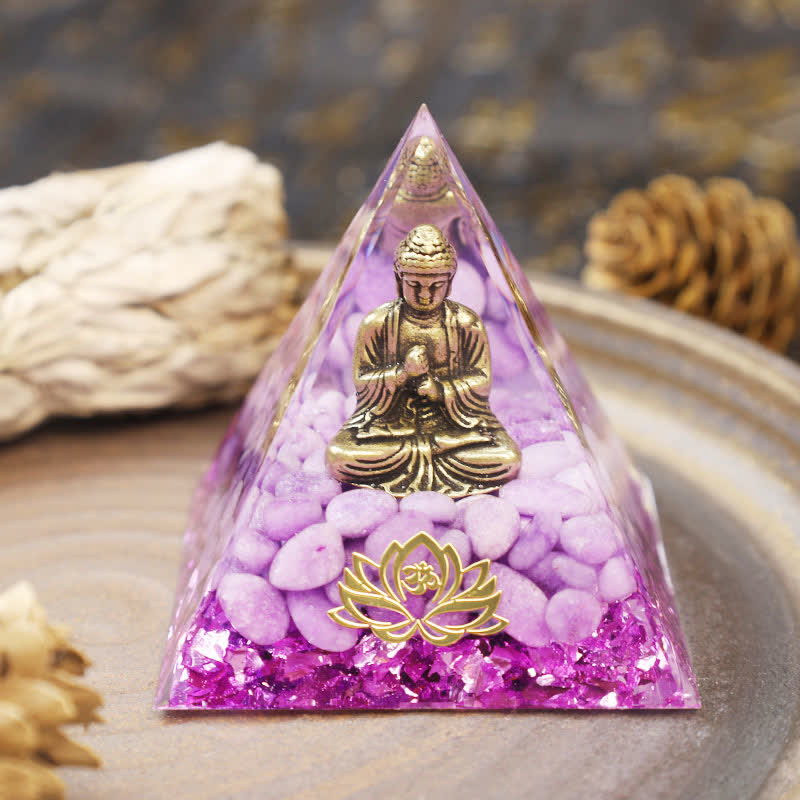 Olivenorma Buddha Lotus con piramide di giada viola Orgone