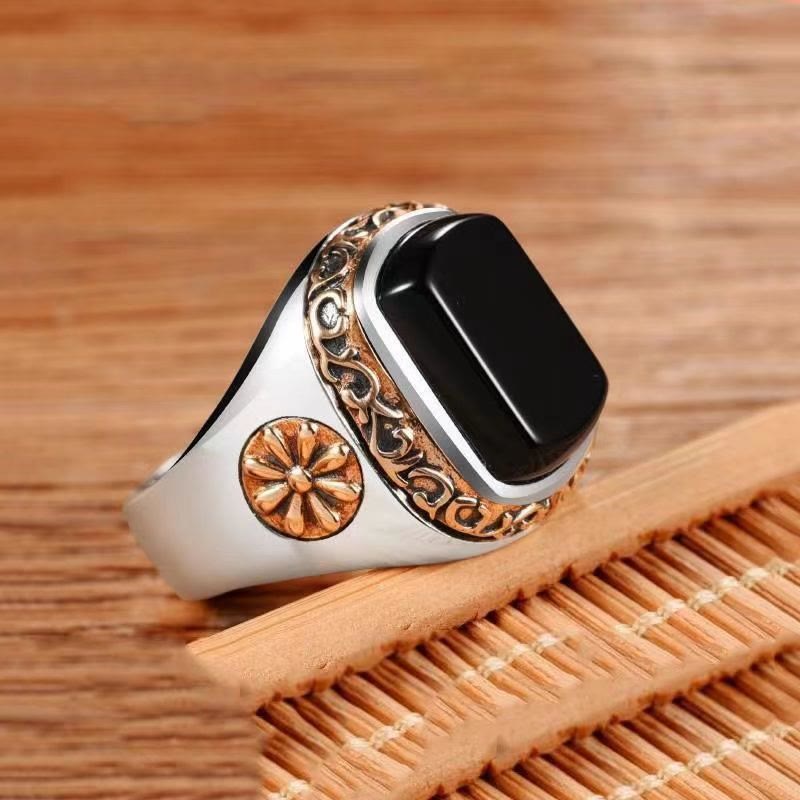 Olivenorma "Man Of Distinction" Anello con sigillo in ossidiana vintage da uomo 