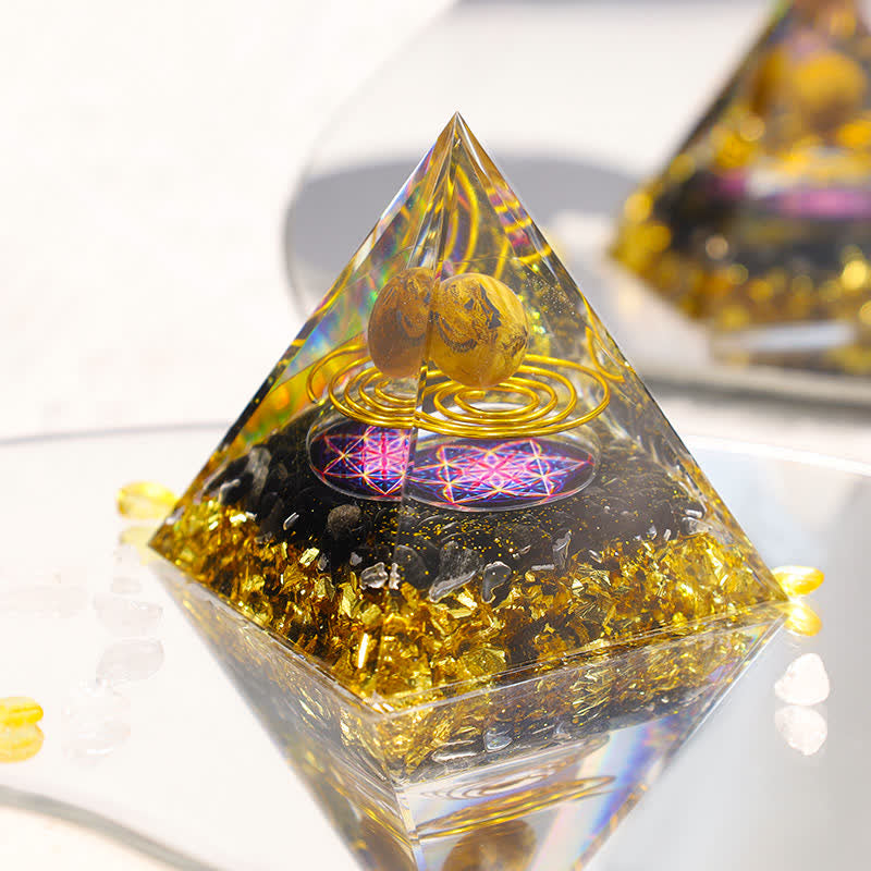 Sfera di Occhio di Tigre Olivenorma Cubo di Metatron Piramide Orgonica 