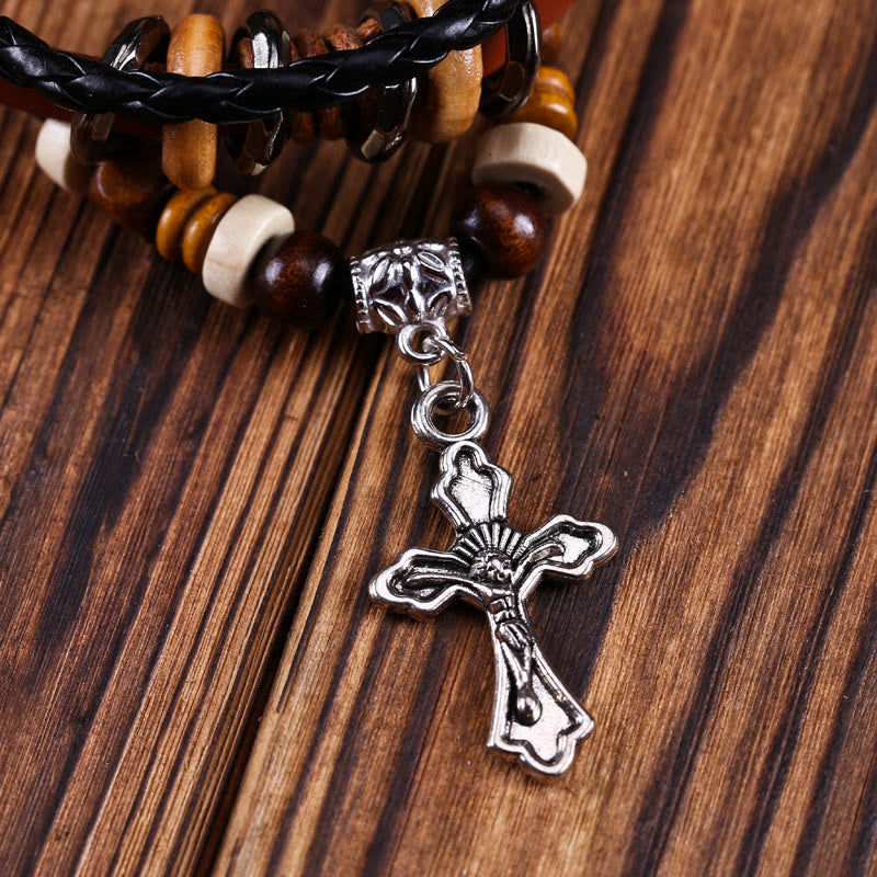 Olivenorma Bracciale da uomo in pelle intrecciata con ciondolo a forma di stella a croce