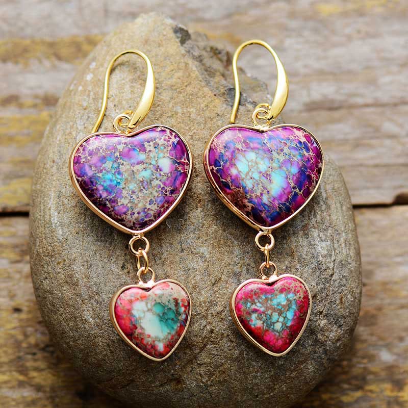 Olivenorma orecchini pendenti a doppio cuore in pietra dell'imperatore viola e rosso rosa