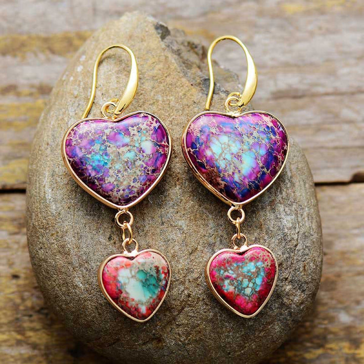 Olivenorma orecchini pendenti a doppio cuore in pietra dell'imperatore viola e rosso rosa