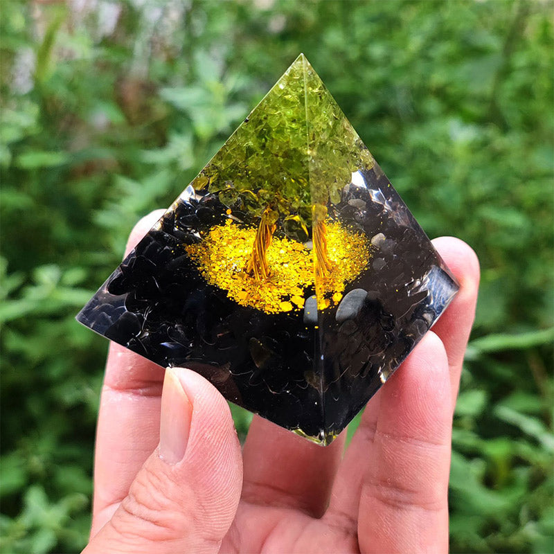 Olivenorma Ossidiana con Peridoto Albero della Vita Piramide Orgonica
