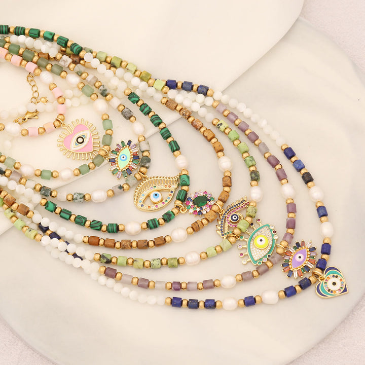 Collana con ciondolo in pietra di cristallo di perle naturali Olivenorma con occhio malvagio