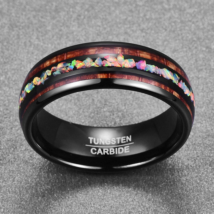 Anello Olivenorma Labradorite Koa Wood 8mm Carburo di Tungsteno Nero