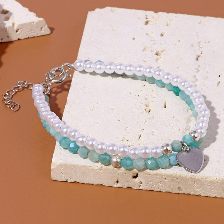 Olivenorma Bracciale Doppio Strato con Ciondolo a Cuore in Perla e Pietra Sfaccettata