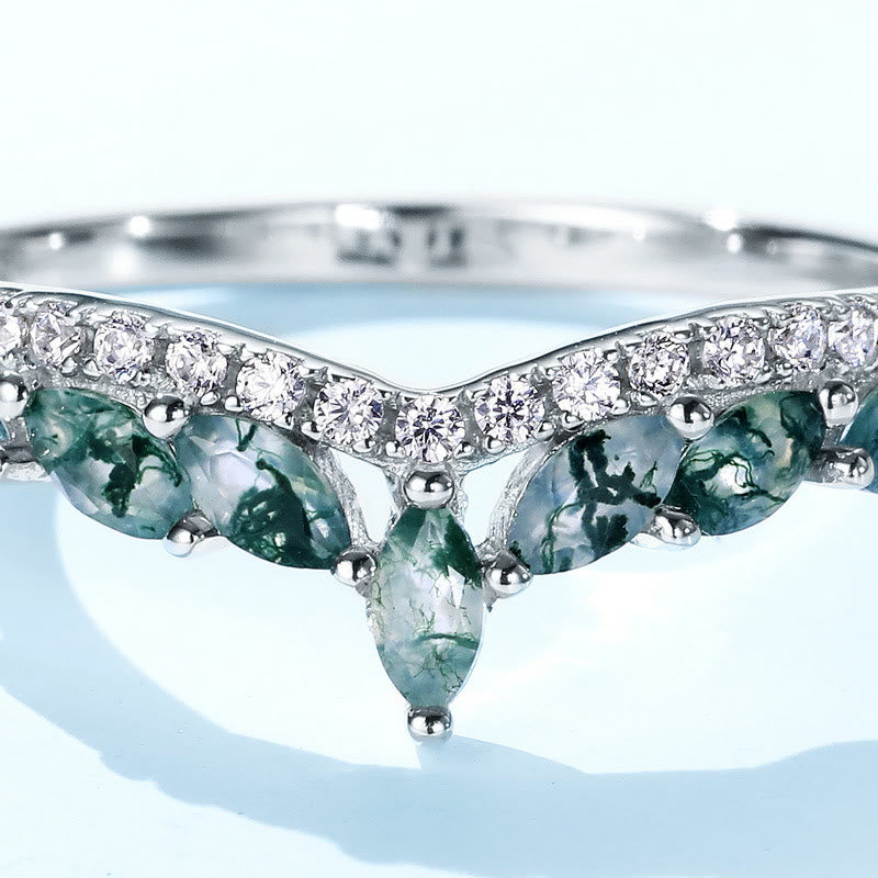 Anello in argento sterling 925 con corona di zirconi bianchi e agata muschiata Olivenorma