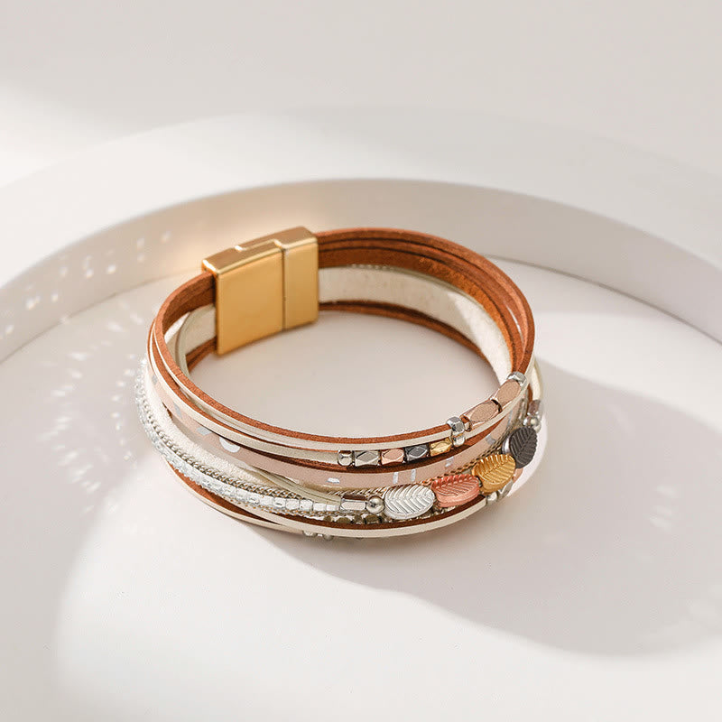 Bracciale in pelle a più livelli con foglia di zircone bianco ematite Olivenorma 
