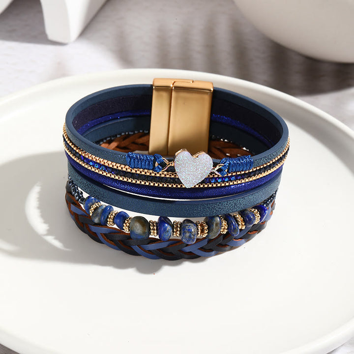 Bracciale in pelle con ciondolo a forma di cuore con perline di cristallo naturale Olivenorma