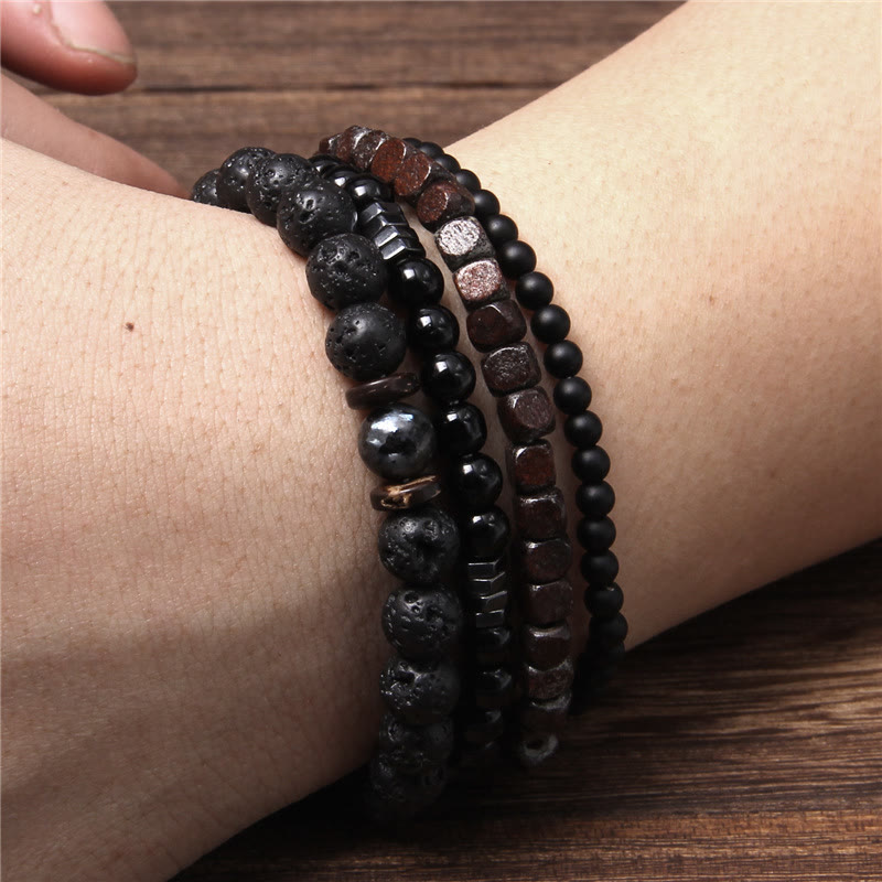 Olivenorma "Forza della natura" Bracciale in pietra vulcanica ed ematite, 4 pezzi 