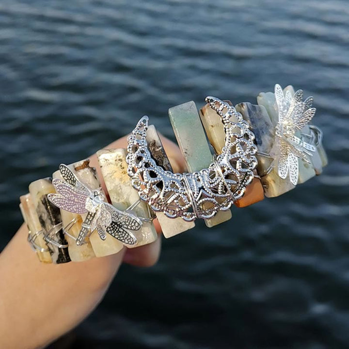 Olivenorma - Corona da sposa con accessorio a forma di luna e libellula in cristallo naturale 