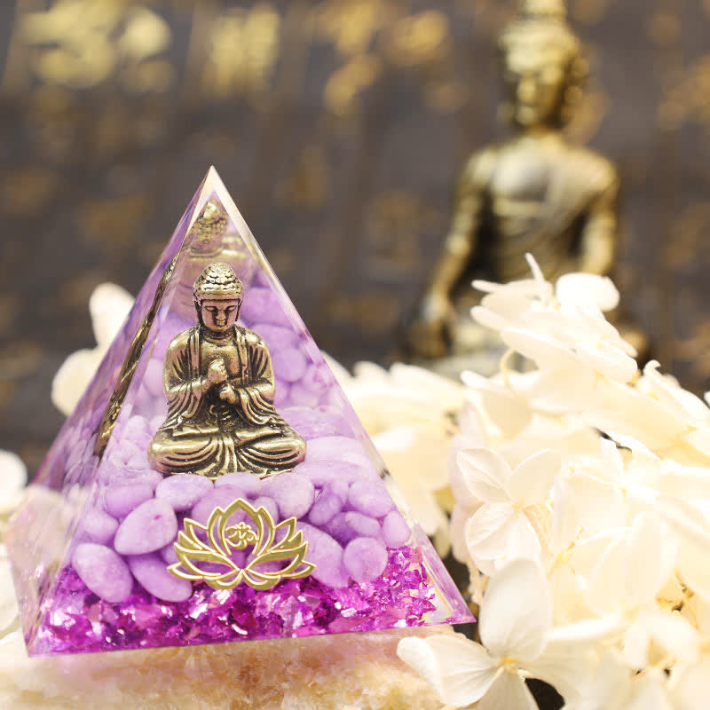 Olivenorma Buddha Lotus con piramide di giada viola Orgone