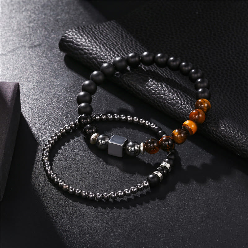 Olivenorma Set di bracciali elastici con cubo nero in occhio di tigre satinato