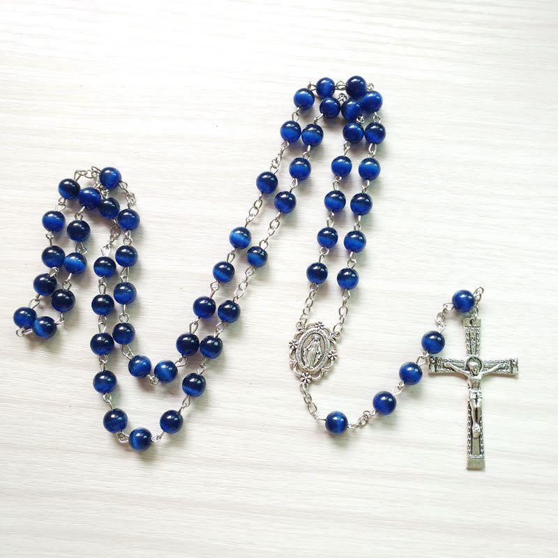 Collana rosario Olivenorma con croce in pietra blu occhio di gatto da 8 mm 