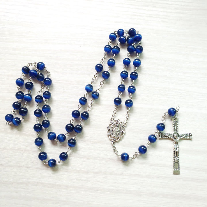 Collana rosario Olivenorma con croce in pietra blu occhio di gatto da 8 mm 