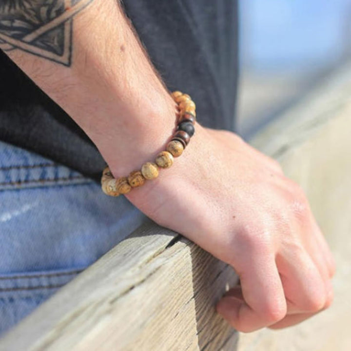Olivenorma Bracciale da uomo in pietra naturale con perline di legno da 8 mm