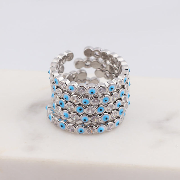 Olivenorma Anello regolabile con zircone bianco e colorato malocchio 