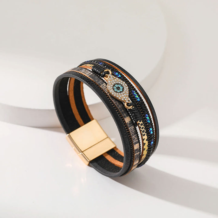Bracciale Olivenorma Zircon Evil Eye in finta pelle leopardata