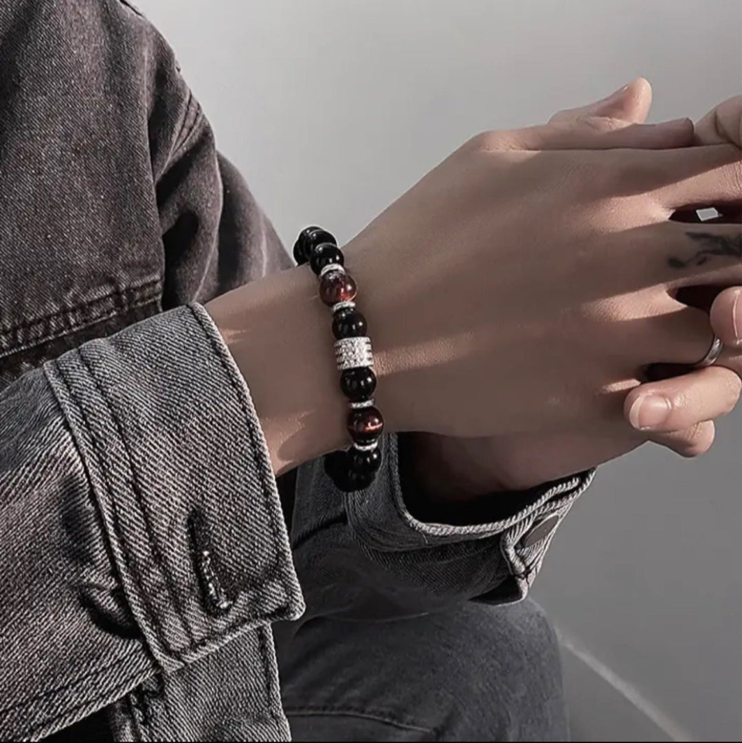 Bracciale da uomo Olivenorma in ossidiana con occhio di tigre rosso