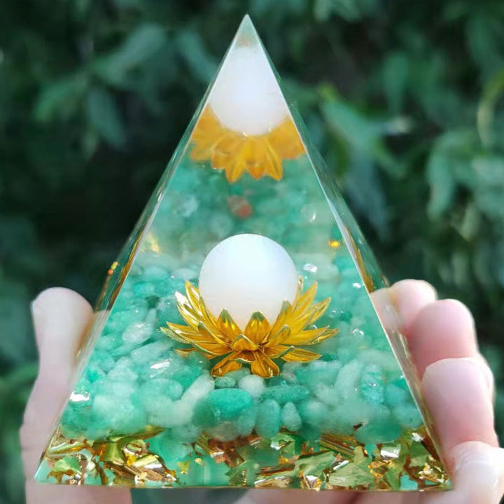 Olivenorma Avventurina verde Quarzo ialino Simbolo del loto Piramide di orgone