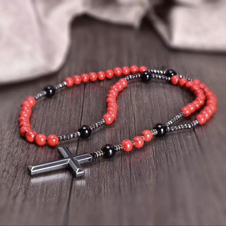 Collana con ciondolo rosario in pietra naturale cattolica Olivenorma Cross