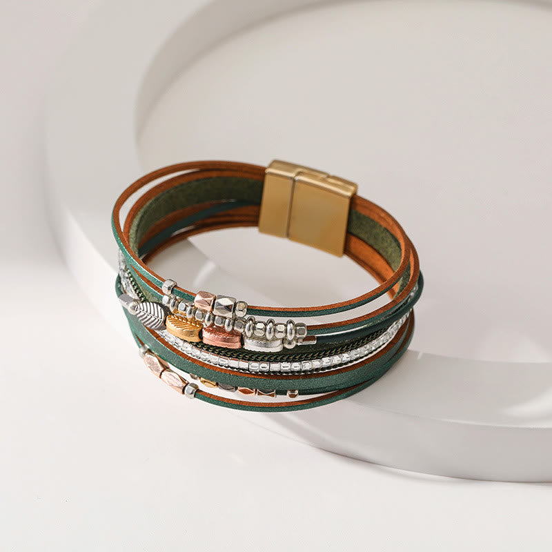 Bracciale in pelle a più livelli con foglia di zircone bianco ematite Olivenorma 