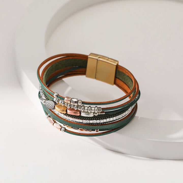 Bracciale in pelle a più livelli con foglia di zircone bianco ematite Olivenorma 