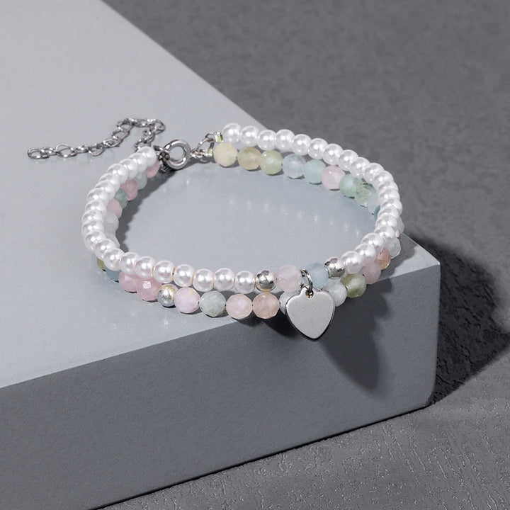 Olivenorma Bracciale Doppio Strato con Ciondolo a Cuore in Perla e Pietra Sfaccettata