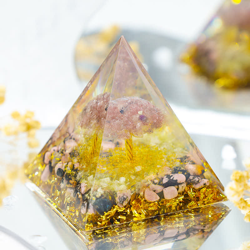 Piramide di orgone Olivenorma Quarzo Fragola con rodonite Albero della Vita 