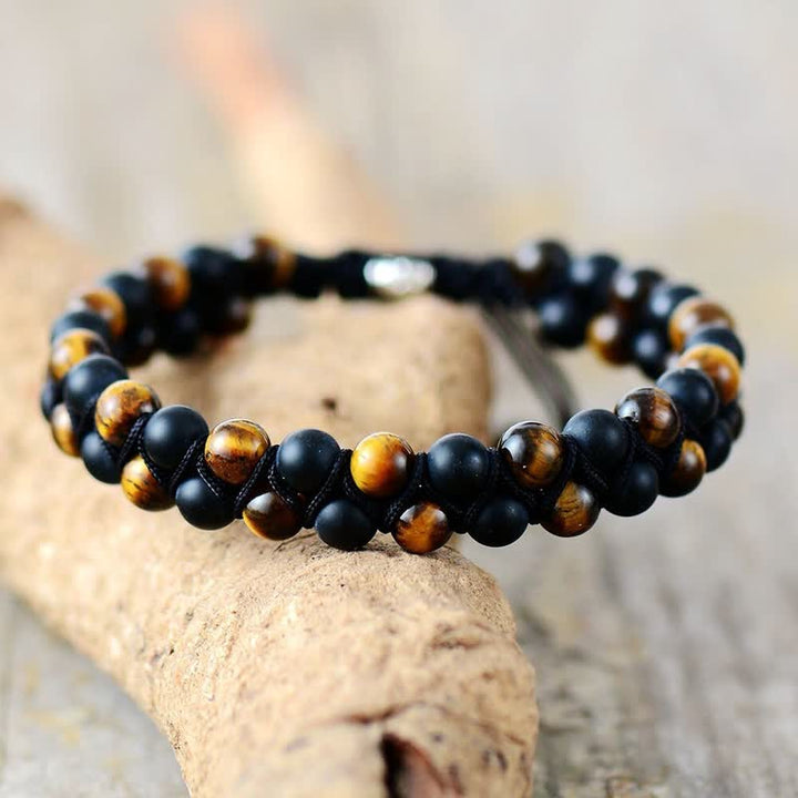 Bracciale intrecciato con perline di onice nero e occhio di tigre Olivenorma