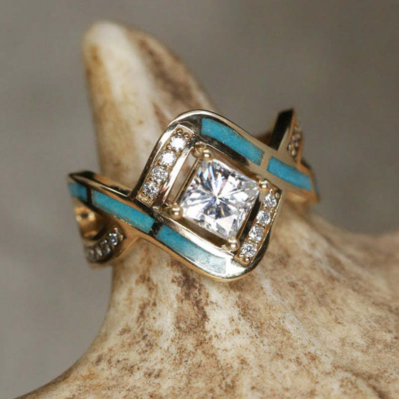 Anello a onda in zircone turchese placcato in argento S925 Olivenorma
