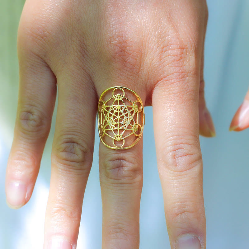 Anello regolabile in acciaio inossidabile con simbolo del cubo di Metatron di Olivenorma 