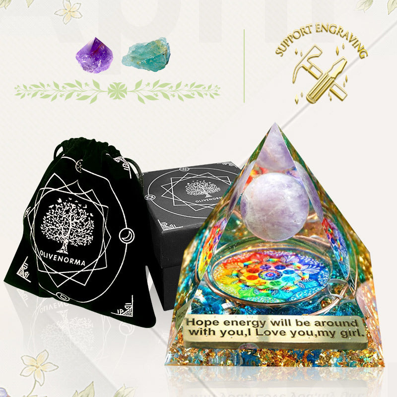 Sfera di cristallo di ametista Olivenorma con piramide di orgone di quarzo blu 