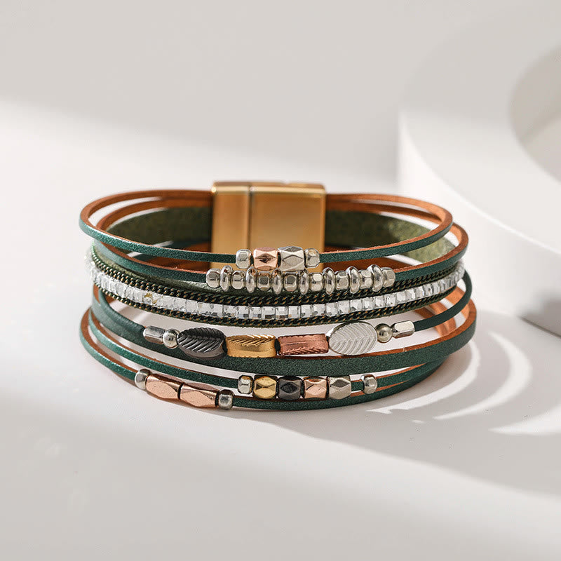 Bracciale in pelle a più livelli con foglia di zircone bianco ematite Olivenorma 