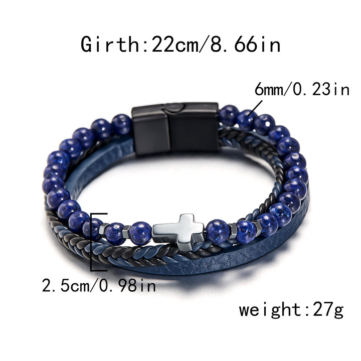 Bracciale da uomo in pelle intrecciata con perline di pietra naturale Olivenorma