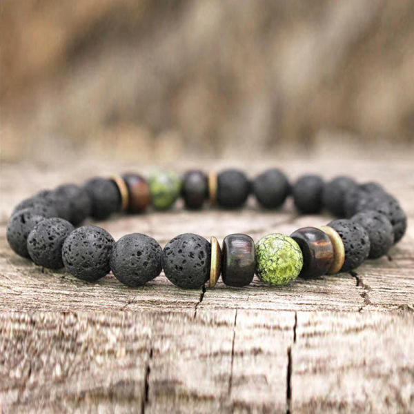 Olivenorma Bracciale da uomo in pietra naturale con perline di legno da 8 mm