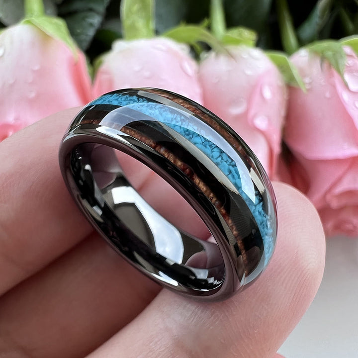 Anello in carburo di tungsteno lucido turchese da 8 mm in legno Olivenorma